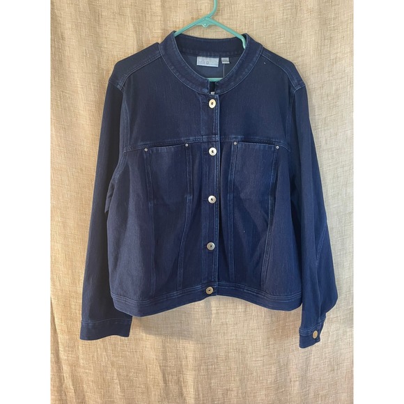 Belle Kim Gravel Denim Jacket Gold Button Front Collarless Dark‎ Wash 2X - Picture 1 of 7